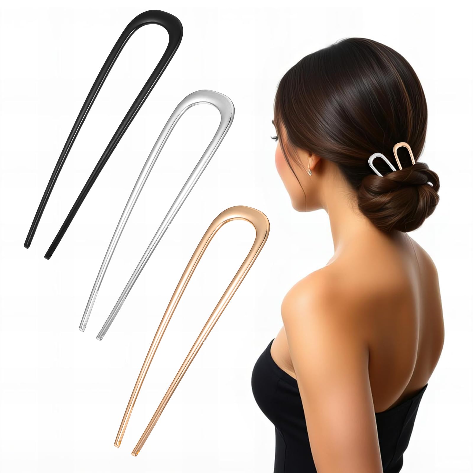 Lnngub 3 Pcs French Hair Pins for Women,French Twist Hair Pin Metal French Hair Pin French Pins Hair U Shaped Hair Pins 5.5 Inches Large French Hair Pin Hairstyle Accessories (Black,Gold,Silver)