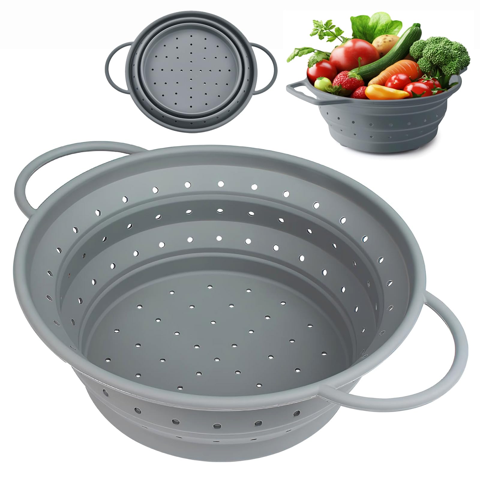 Scolapasta Silicone Pieghevole con Manico, Colino Setaccio da Cucina per Pasta, Verdura e Lavaggio, Cestino Drenante Collapsible, Setacci da Cucina per Pasta, Frutta, Verdura, 26 cm (Grigio)
