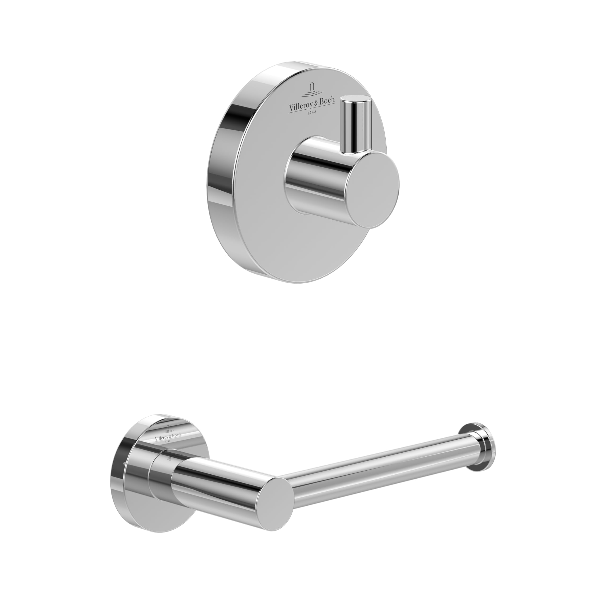 Villeroy & Boch Elements-Tender Badaccessoire-Set (2 in 1 Bundle), Bad Zubehör Set bestehend aus Handtuchhaken und Toilettenpapierhalter ohne Deckel, Chrom