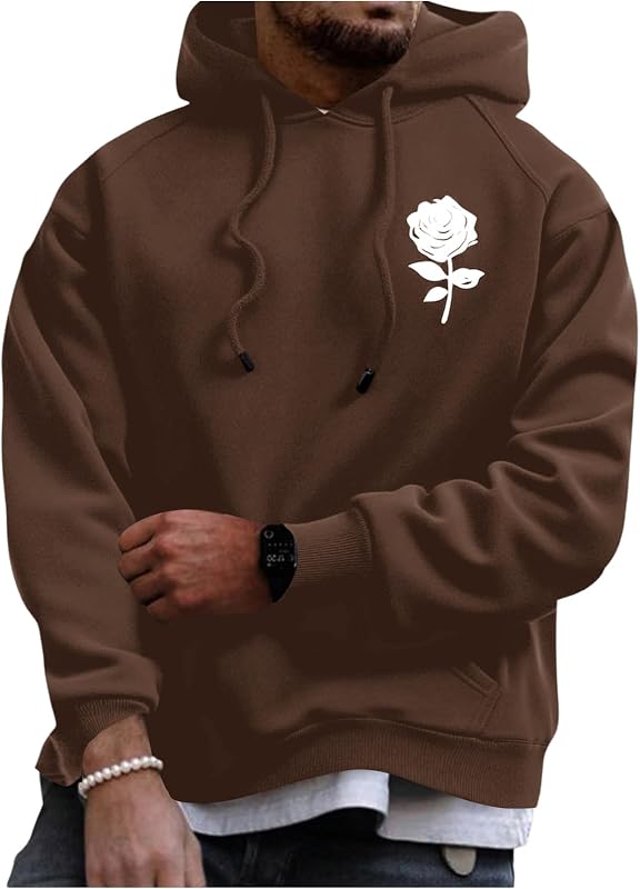 Floerns Men's Graphic Print Long Sleeve Drawstring Hoodie Pullover Sweatshirt Coffee Brown L
