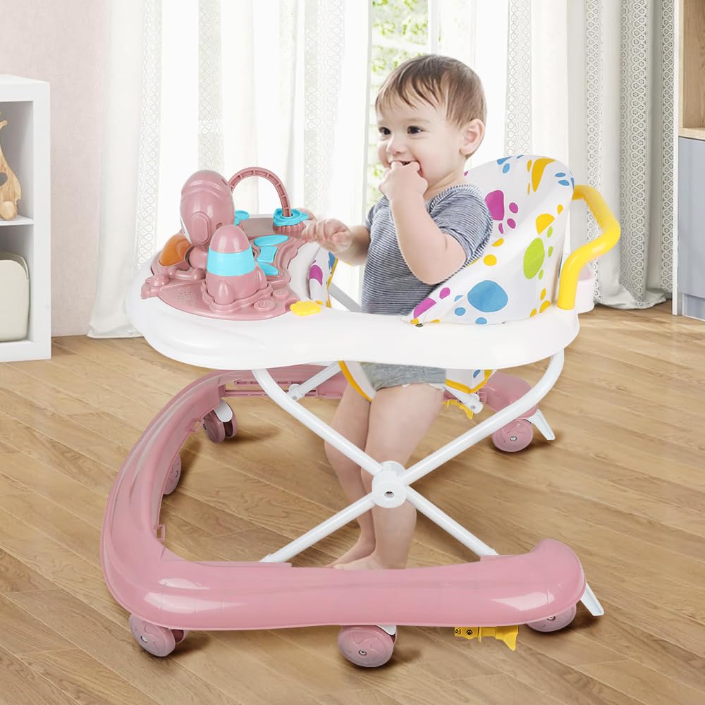 Andador per Bambini e Bambine Scalabile 3 in 1, Andador Pieghevole per Camminare con 3 Altezze Regolabili, Sedile e Vassoio Rimovibili, Centro Attività per 6+ Mesi, Portata 12 KG - 62 x 68 x 36-81 cm