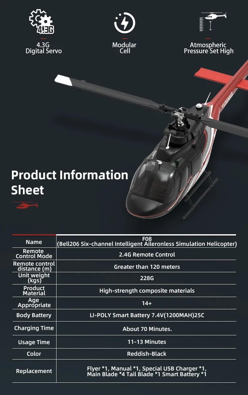 NULA YUXIANG F08 Bell 206 RC Hubschrauber für Erwachsene, 1/27 2,4 G 6H 6 G/3D Bürstenloser Flybarless RTF Ferngesteuerter Militär Helikopter mit Optischer Flusspositionierung – 2 Akku