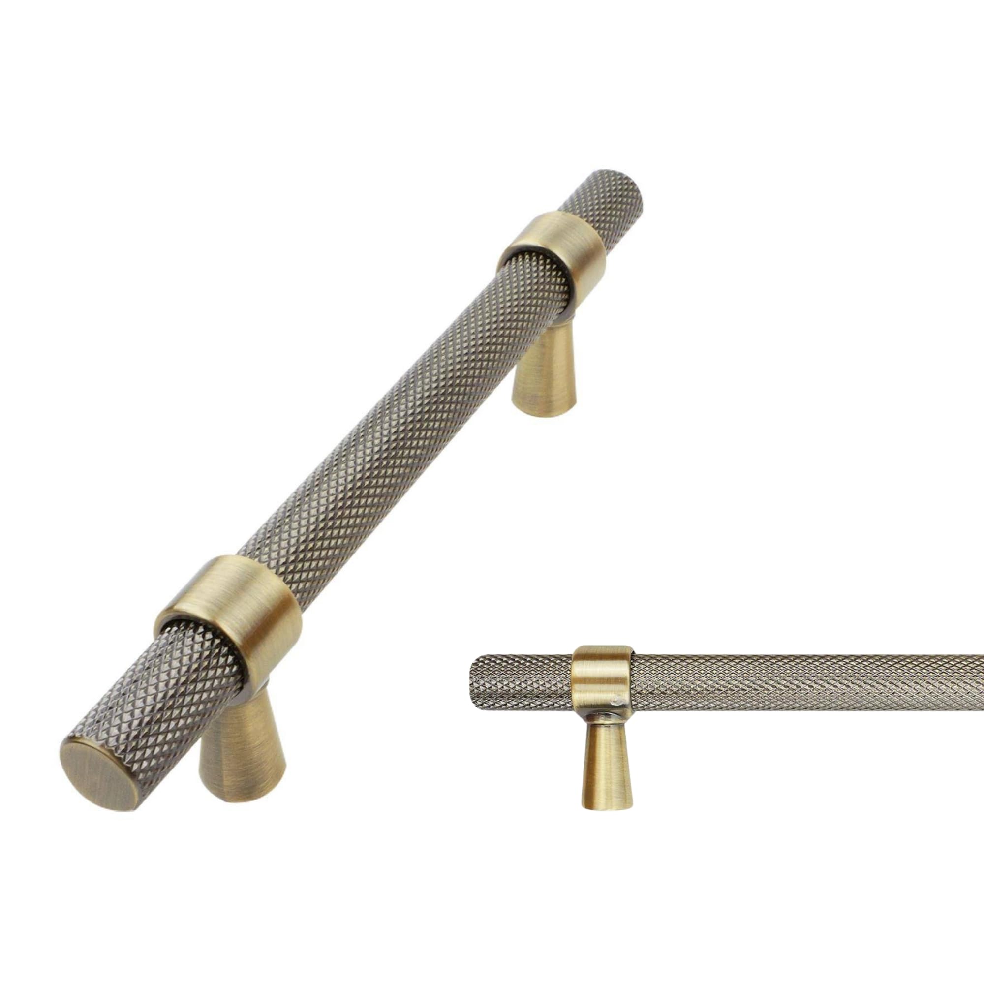 keypak 10 Pack Antique Brass Knurled Kitchen Cupboard Handles, 96mm Hole Centres, Aluminium T-Bar Pulls for Cabinet, Wardrobe Doors, Chest of Drawers