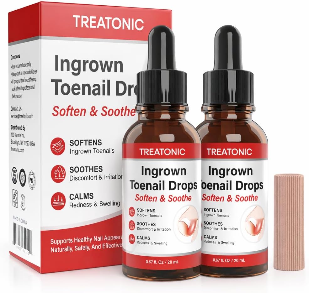 Treatonic Ingrown Toenail Treatment Drops - Ingrown Toenail Softener and Reliever Kit for Easy Trimming with Silicone Gel Toe Caps - 2 Pack