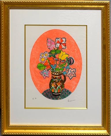 Amazon 真作保証ポール・アイズピリ「オレンジの背景の花瓶の花束