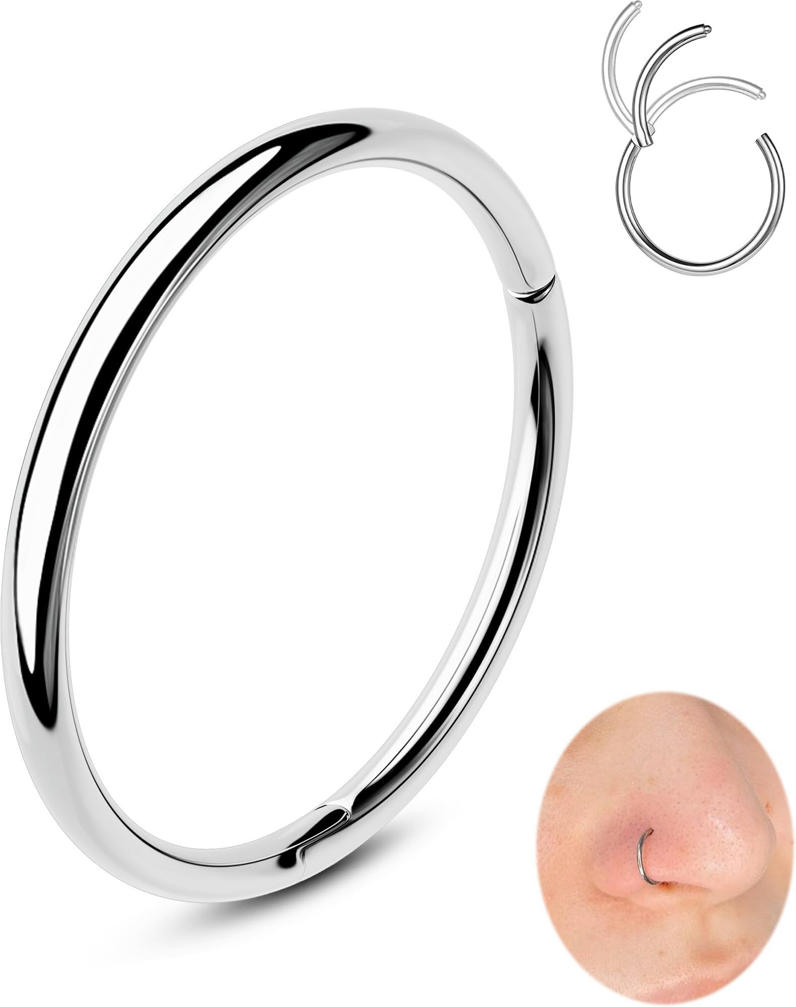 18G Nose Ring Stainless Steel 316L Nose Hoop Hinged Segment Nose Piercing Cartilage Helix Treagus Conch Earring Piercing Jewellery for Women 5-12 mm
