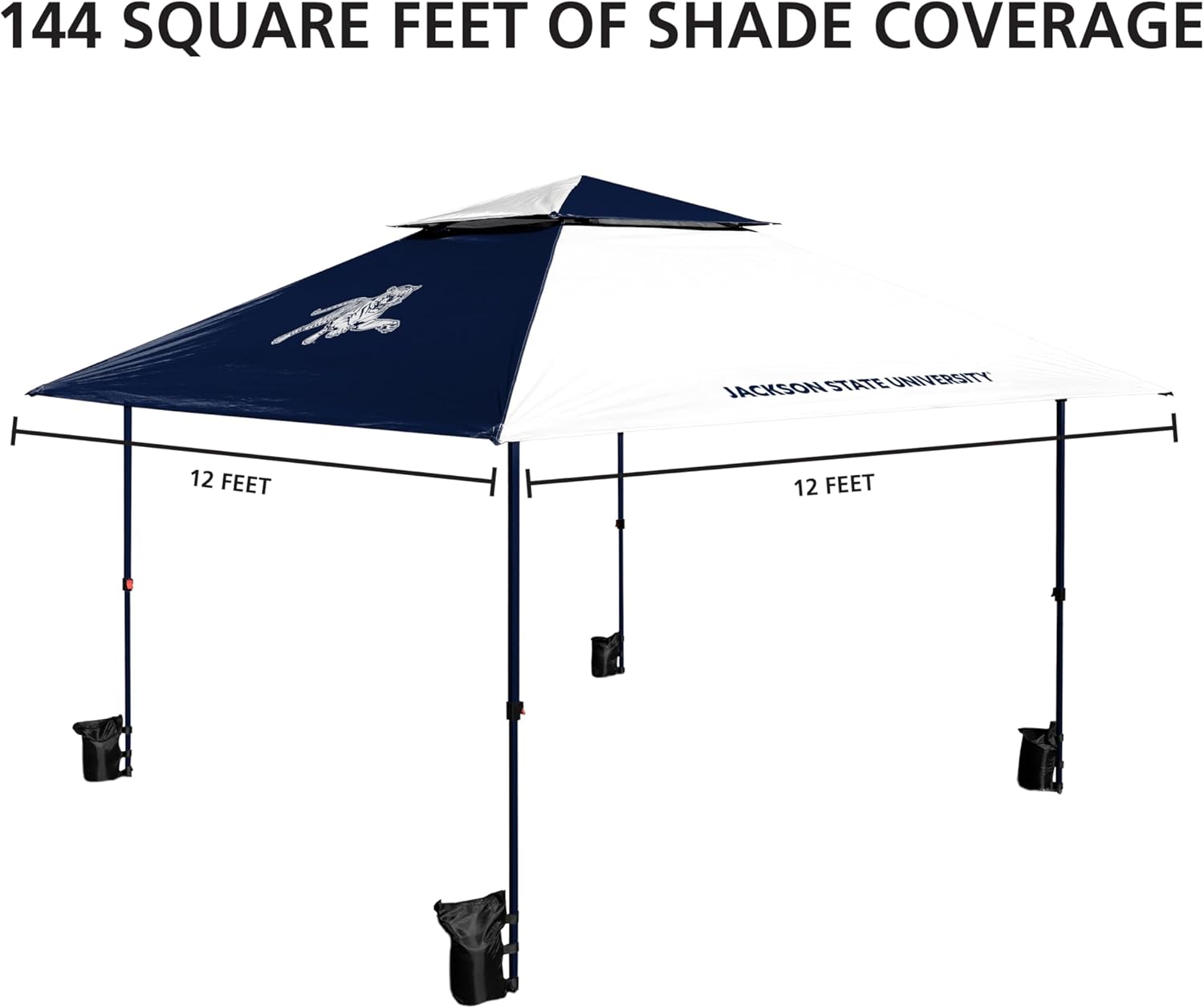 Logo Brands HBCU Jackson State Tigers Pop-Up 12x12 Canopy - Easy Setup with Built-in Wheels, Vented Roof for Airflow, Includes Sandbags, Stakes, and Tie-Downs – Tent for Tailgate & Outdoor Events