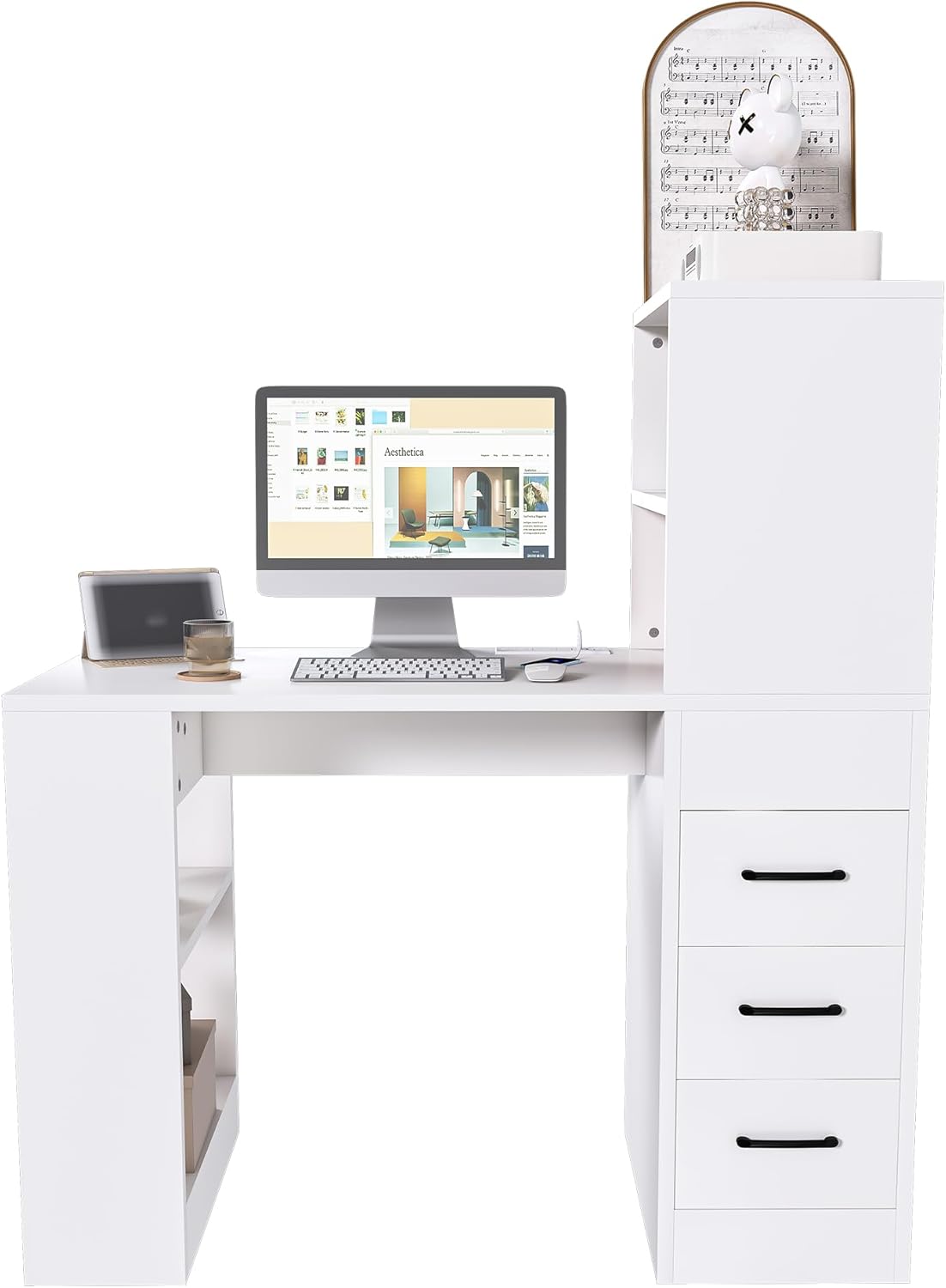White Gaming Desk with Hutch for Home Office and Study: Wooden Computer Desk Features 4 Storage Shelves, 3 Drawers, Built-in Power Outlet (Brown)