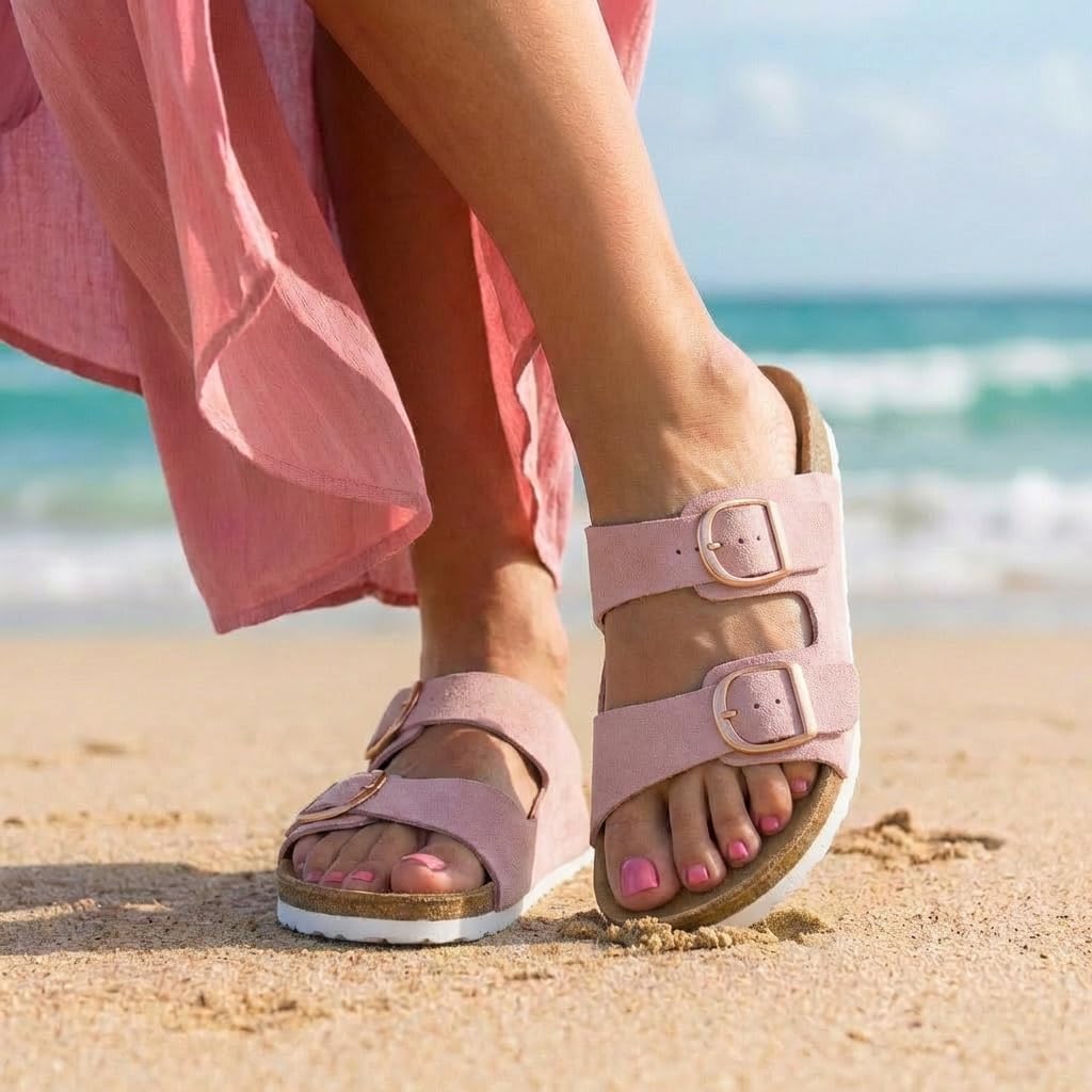 CUSHIONAIRE Legacy Cork Footbed Sandals for Women – Leather Double Strap Slides with Adjustable Buckles + Memory Foam