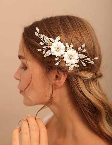 Jumwrit Pinza para el pelo de boda con flores blancas, pasador de pelo de hoja de diamantes de imitación para boda, tocado hecho a mano, accesorios