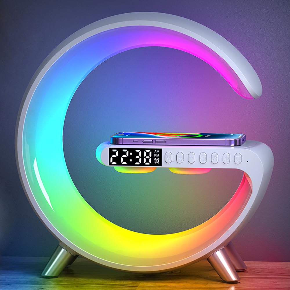 Lampe d’Ambiance 3-en-1,Réveil Lumineux,Haut-Parleur Bluetooth,Chargeur Sans Fil & Lumière LED 16M Couleurs Contrôlable par App,déale Chambre,Salon,Bureau,Cadeau de Noël Homme/Femme/Enfant