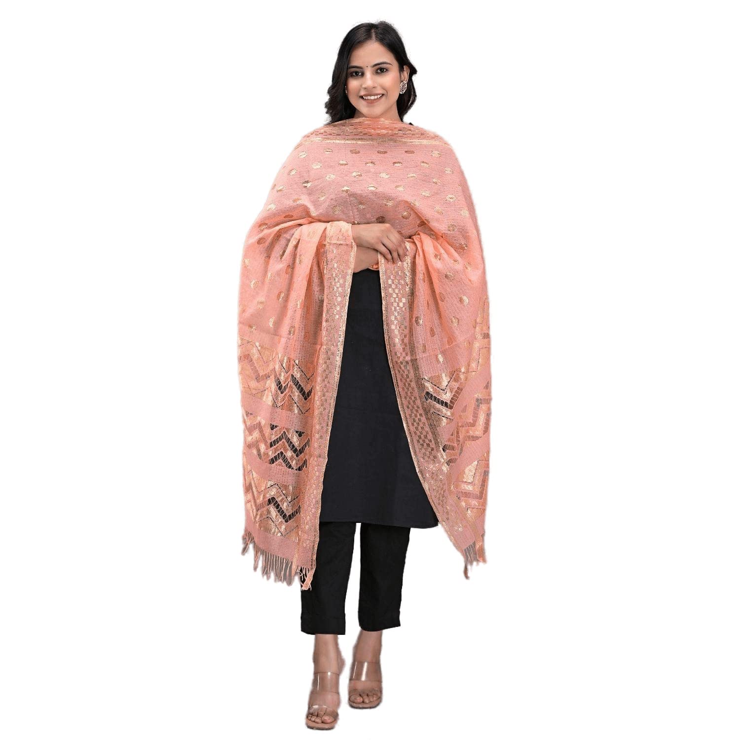 DIAMOWomen's Woven Banarasi Silk Zari Dupatta/Chunni, Width 1 Meter, Length 2.5 Meter, Peach, Free Size