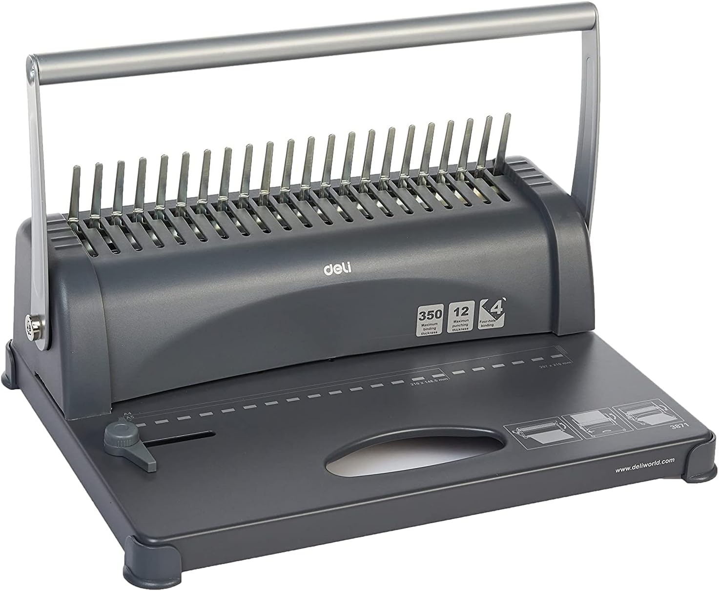 Deli 3871 21-Hole Binding Machine, 350 Sheets - Grey