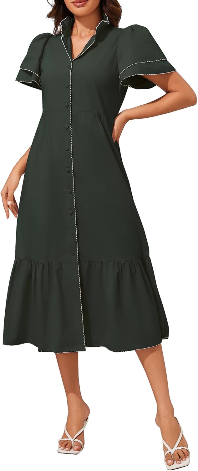 Kedera Women Maxi Petal Sleeve Button Down Dress Cover Ups Beach Dresses Ruffle Stand Collar Casual Dress