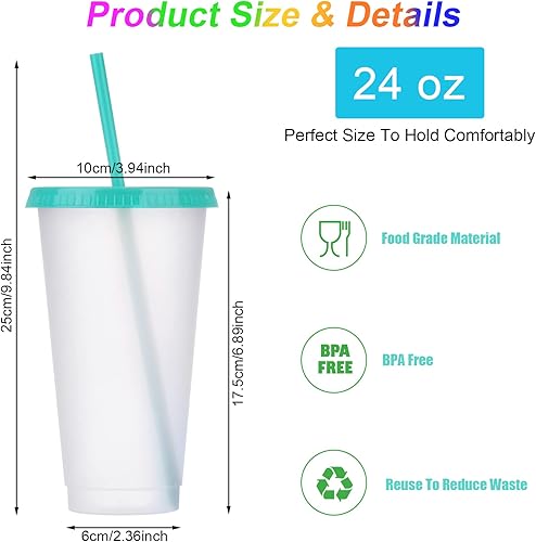 Miniatura 3 de LEIFEOSH Paquete de 24 vasos de plástico con tapas y popote, vasos reutilizables con tapas y pajillas, vasos transparentes para bebidas frías, café