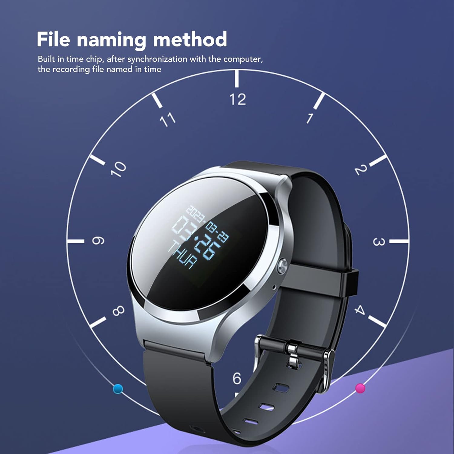 Jectse Voice Recorder Watch with a clock face illustration, showing file naming by time