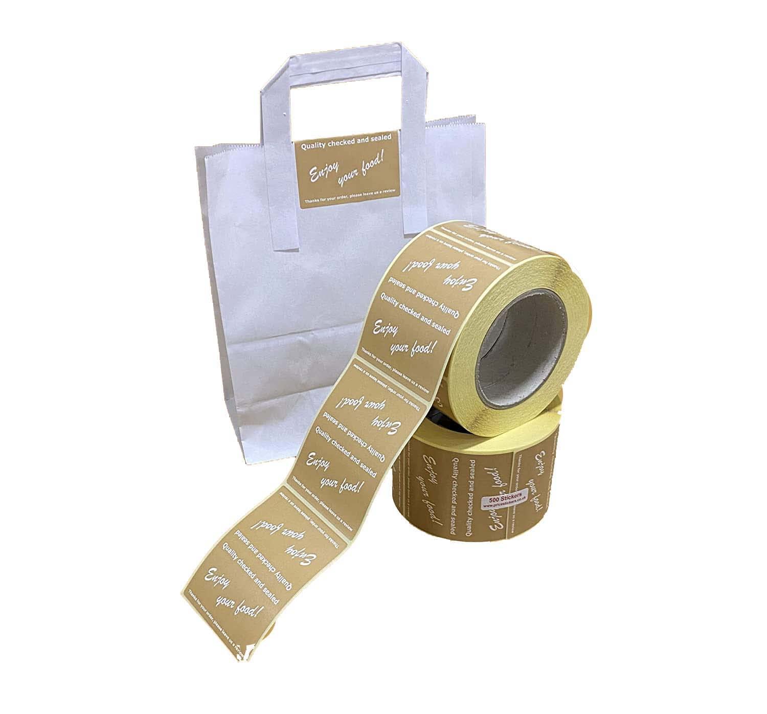 Beige – Enjoy Your Food – Takeaway Bag Seals – 80 x 100mm Stickers/Labels, 500 on a roll