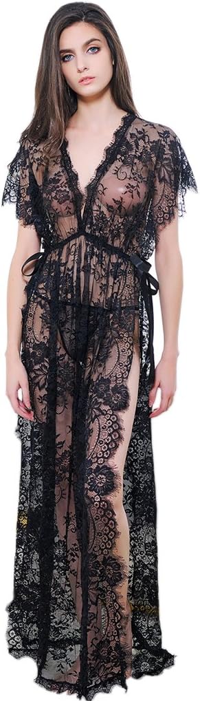 Sexy Women Lace Lingerie Nightwear Bridesmaid Hollow Out Long Gown Robe Deep V Dress See Through Sleepwear with Lace Mask Black