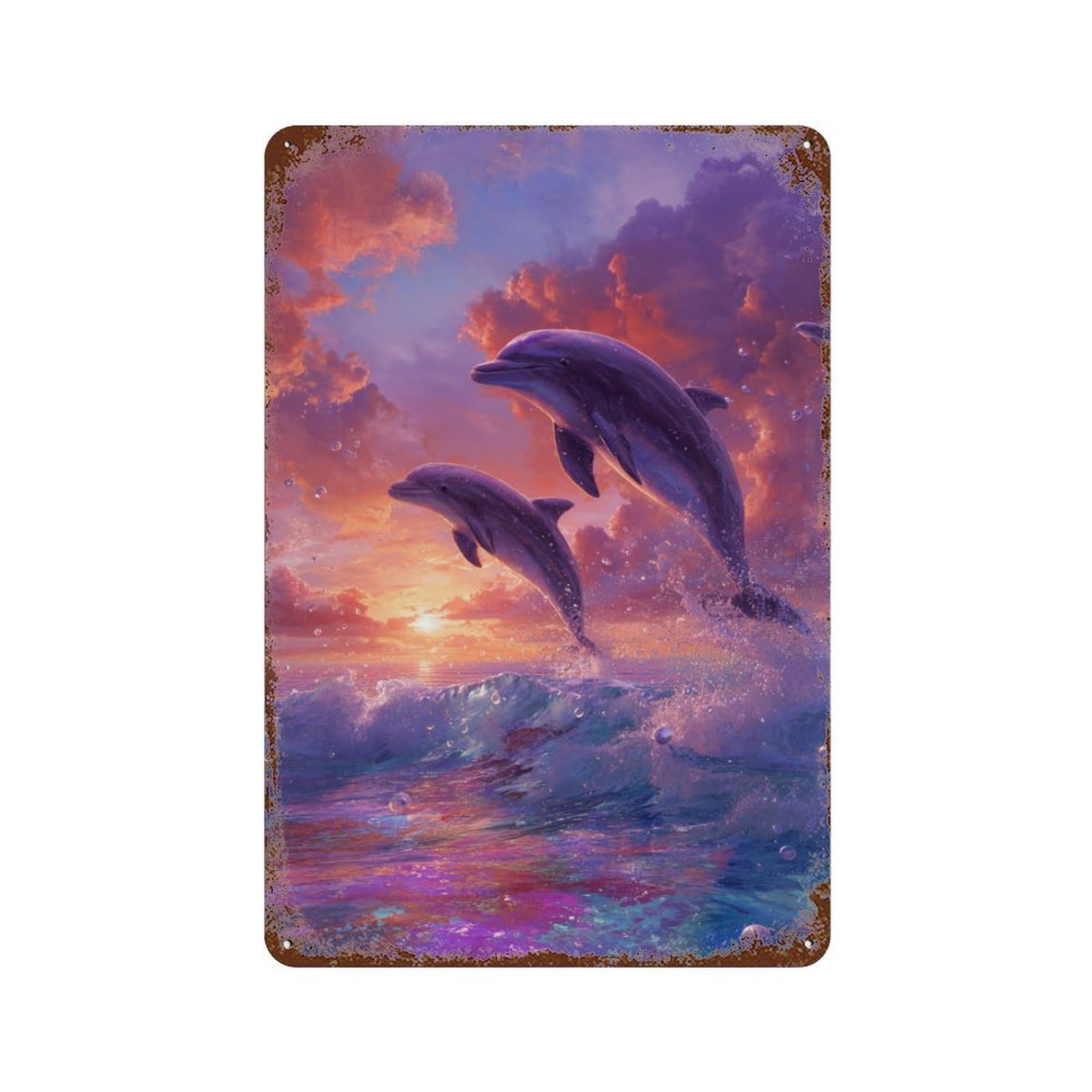 Rustic Tin Plaque Dolphins Leaping at Sunset 11.8"x7.9", Vintage Wall Decor for Pub, Kitchen And Man Cave Decor