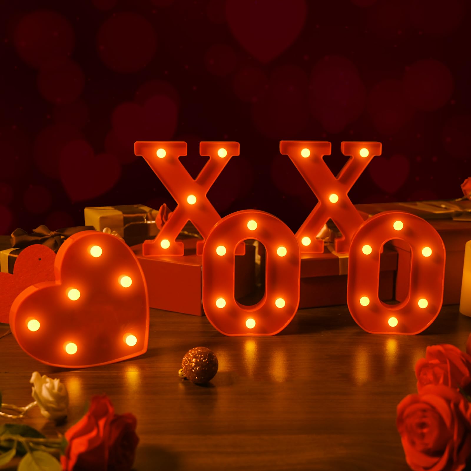 EDYCON Valentine's Day Letter Lights Sign Table Decorations LED Light up Letters Battery Powered Letter for Home Party Bedroom Tabletop Fireplace Indoor Decor(XOXO Heart)