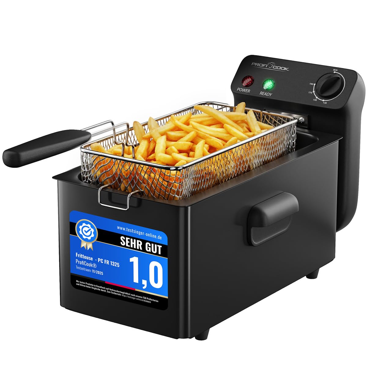 ProfiCook® Friteuse mit Fett | 130-190°C | Fritteuse mit Öl | 2000W | 3L | spülmaschinengeeignete Teile | Spritzschutz-Deckel | Kaltzonen-Fritöse | komplett zerlegbar | PC FR 1325