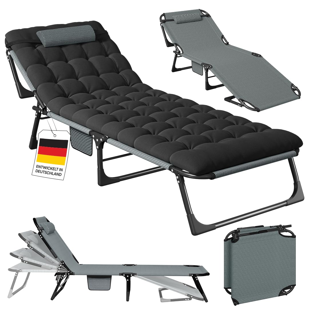 STEELSØN Nysaris Sonnenliege Klappbar – Strandliege in Grau/Schwarz – Outdoor Gartenliege wetterfest – Liegestuhl mit Polsterauflage – leichte Campingliege verstellbar mit Seitentasche – bis 180 kg