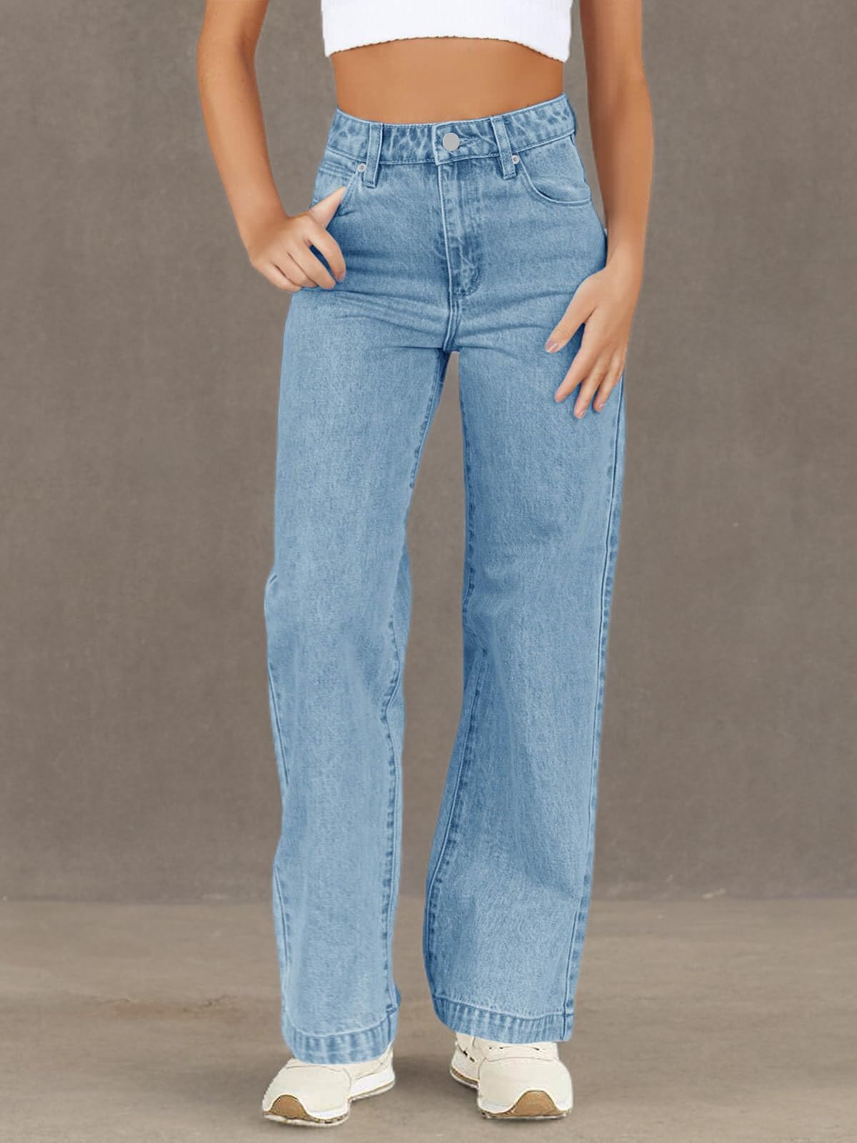 Haloumoning Mädchen-Jeans mit elastischer Taille, gerades Bein, Deminhose, leger, Stretch, lange Hose mit Taschen, 5–14 Jahre