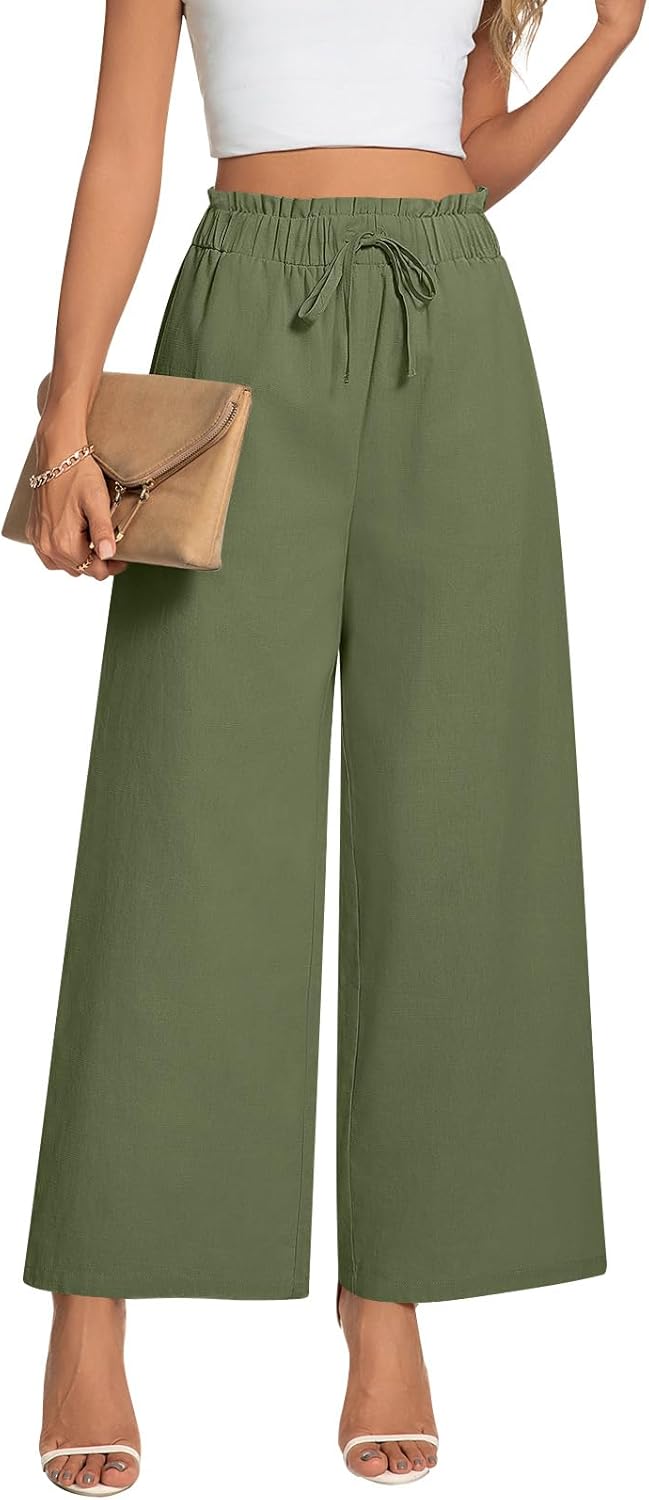 Anyally Women's Linen Summer Palazzo Pants Casual Flowy Wide Leg Drawstring High Waist Beach Trousers with Pockets - Image 4