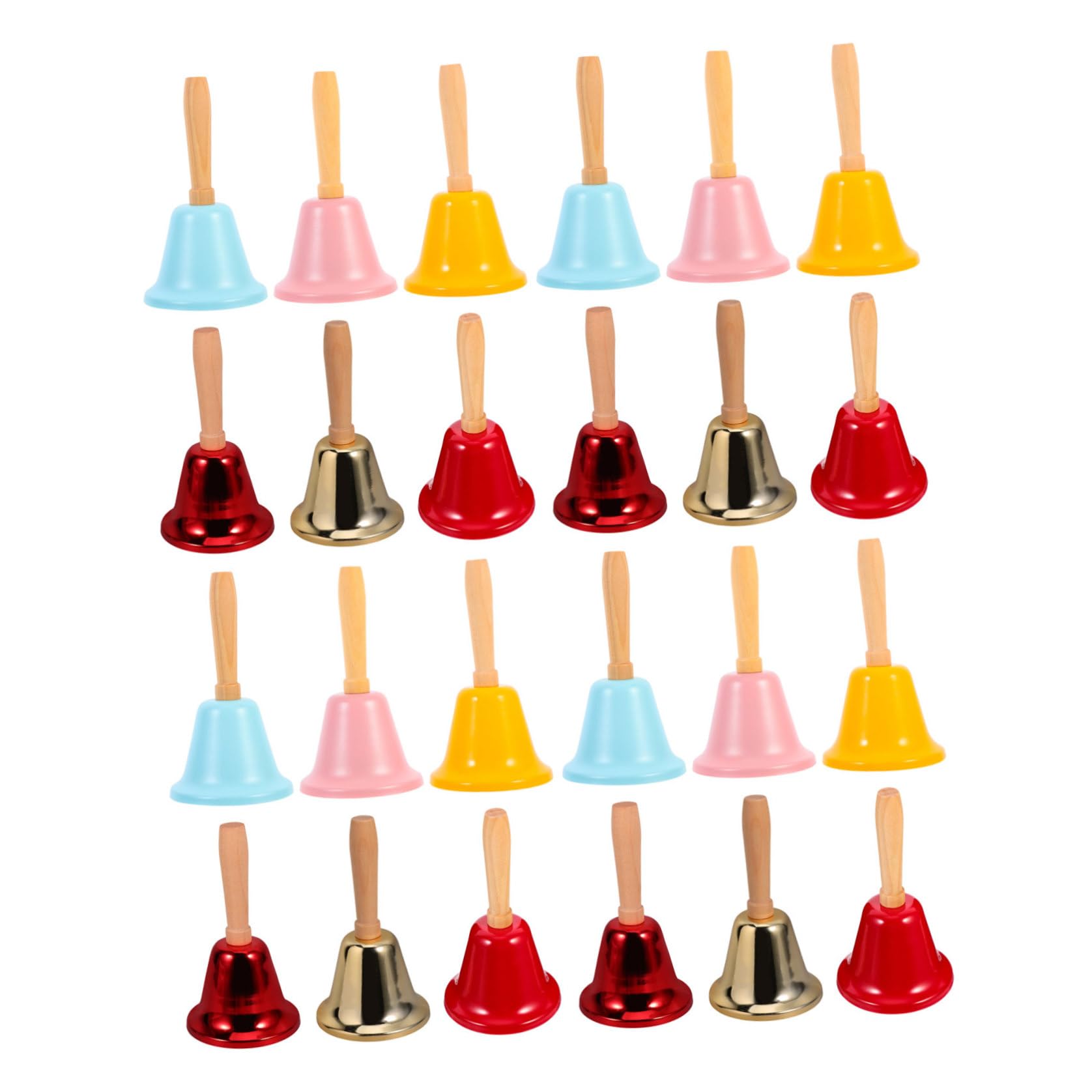 Campanelli Natalizi a Mano 24 Pezzi con Manico in Legno Campane in Metallo Rosse e Colorate Campanello Portatile per Scuola Cerimonie e Decorazioni Festive