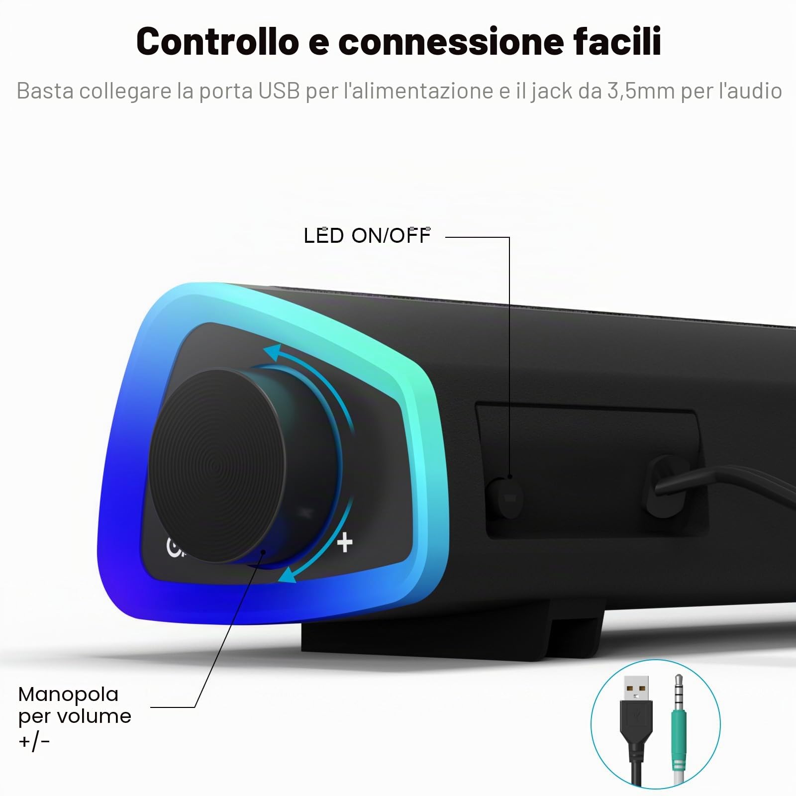 SOULION R30 Altoparlanti PC, Alimentazione USB Altoparlanti Computer, 3.5mm AUX, Luci LED Colorate con Pulsante di Interruttore, Casse PC Surround Soundbar per Computer, Portatile, Laptop, Desktop