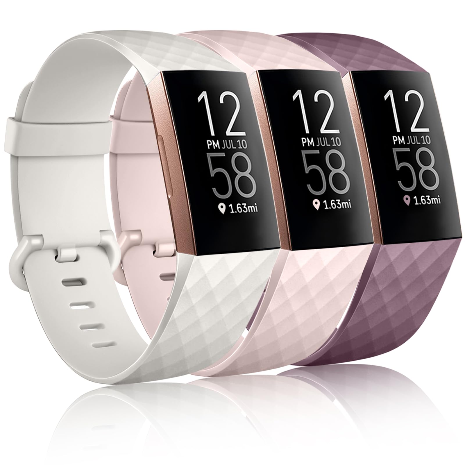 Dirrelo 3 Pack Armbänder Kompatibel mit Fitbit Charge 3/Fitbit Charge 4/Charge 3 SE Armband für Damen und Herren, Sport Verstellbares Ersatzarmband Silikon Uhrenarmband, Lila+Sand Pulver+Aprikose,S