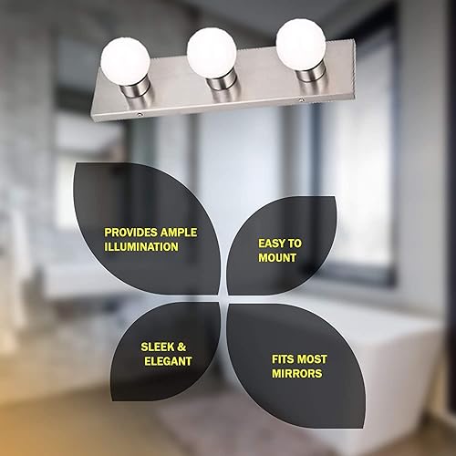 Miniatura 4 de DYSMIO Lighting - Tira de tocador de tres luces, accesorio de espejo estilo Hollywood con placas de níquel cepillado, accesorios de calidad de salón