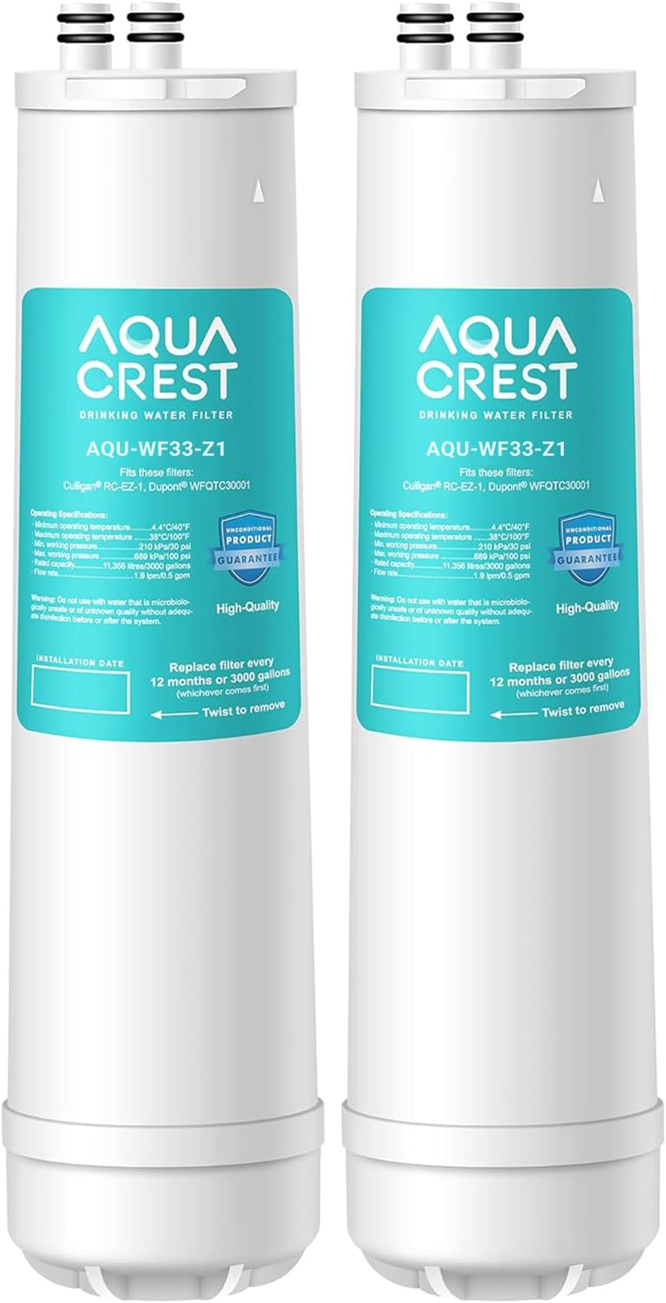 AQUA CREST RC EZ 1 Water Filter, Replacement for DuPont® Carbon 3000QT Filter, Culligan® RC-EZ-1, DuPont® WFQTC30001, WFQTC70001, Brita® USF-201, USF-202, 3K Gallons, 2 Pack