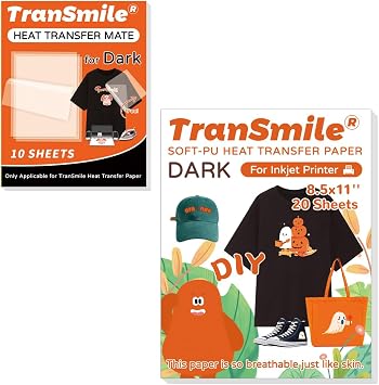 TranSmile Printable Heat Transfer Vinyl for Dark Fabrics 20 Sheets, 8.5 x 11& Heat Transfer Mate for Dark T Shirts Transfer Paper10 Sheets, 8.5 x 11