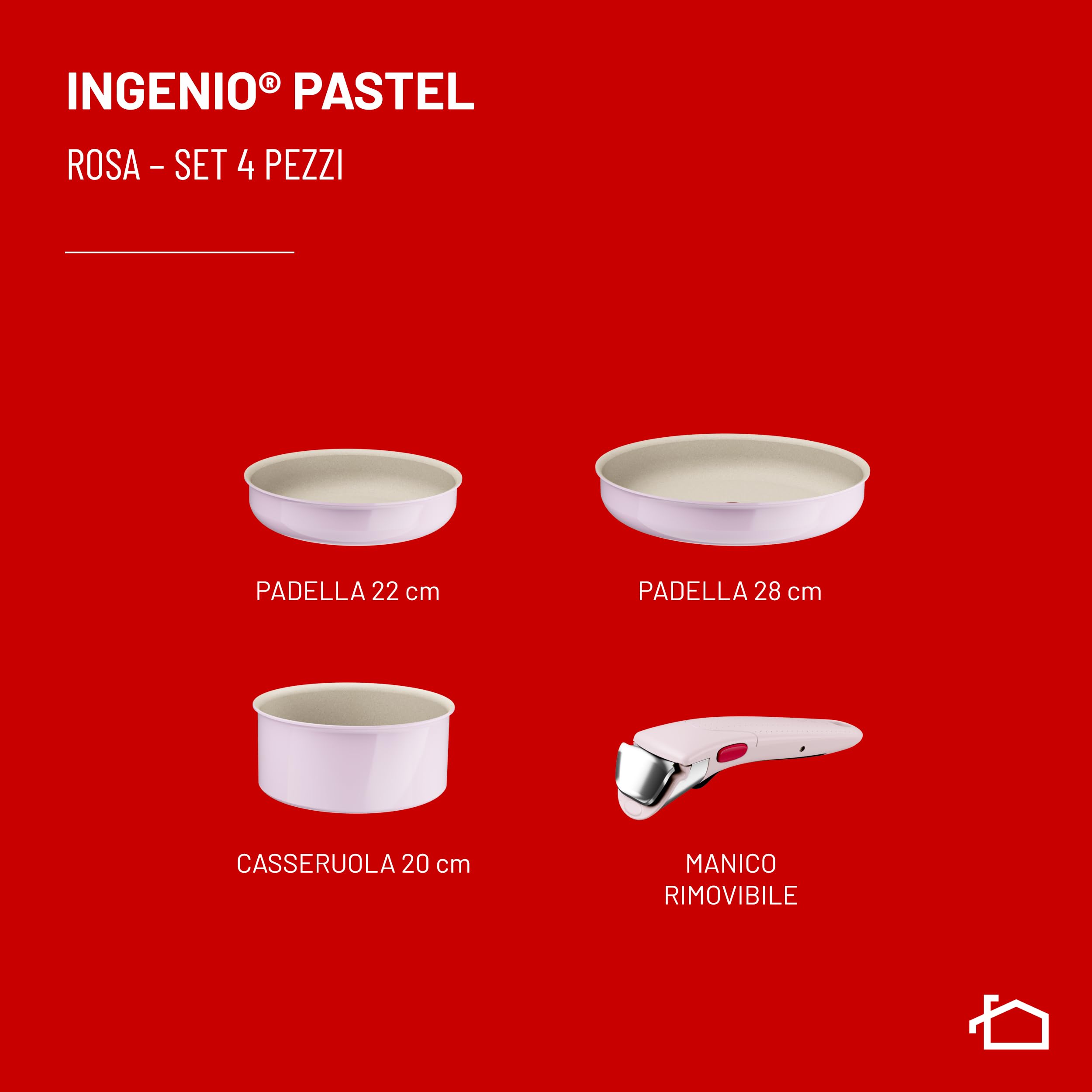 Lagostina Ingenio Pastel, Set di Padelle Antiaderenti 4 Pezzi con Manico Rimovibile, Compatibili con Induzione e Forno, Design Salvaspazio, Colore Rosa