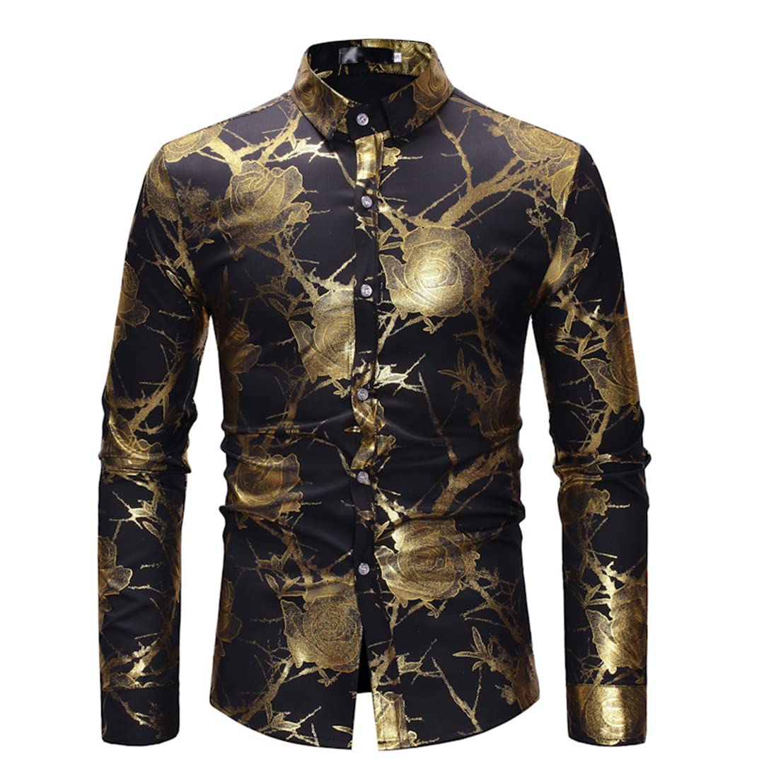 Amazon.com: Luxury Gold Rose Print Shirt Mens Casual Button Down Dress  Shirts Party Nightclub Prom Men Shirt Black S : Clothing, Shoes & Jewelry