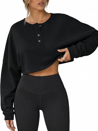 Fisoew Womens Cropped Sweatshirts Oversized Long Sleeve Tops Henley Neck Casual Pullover Tee Shirts Workout Fall Fashion
