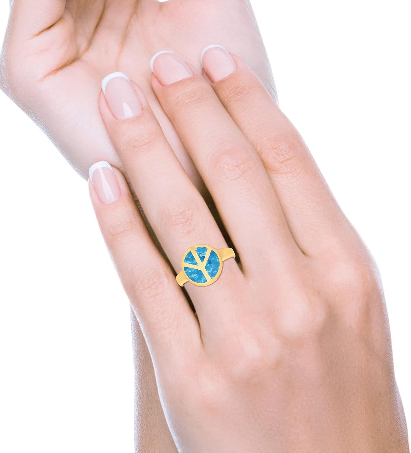 Blue Apple Co. Peace Sign Ring Inlay Round Lab Created Opal 925 Sterling Silver