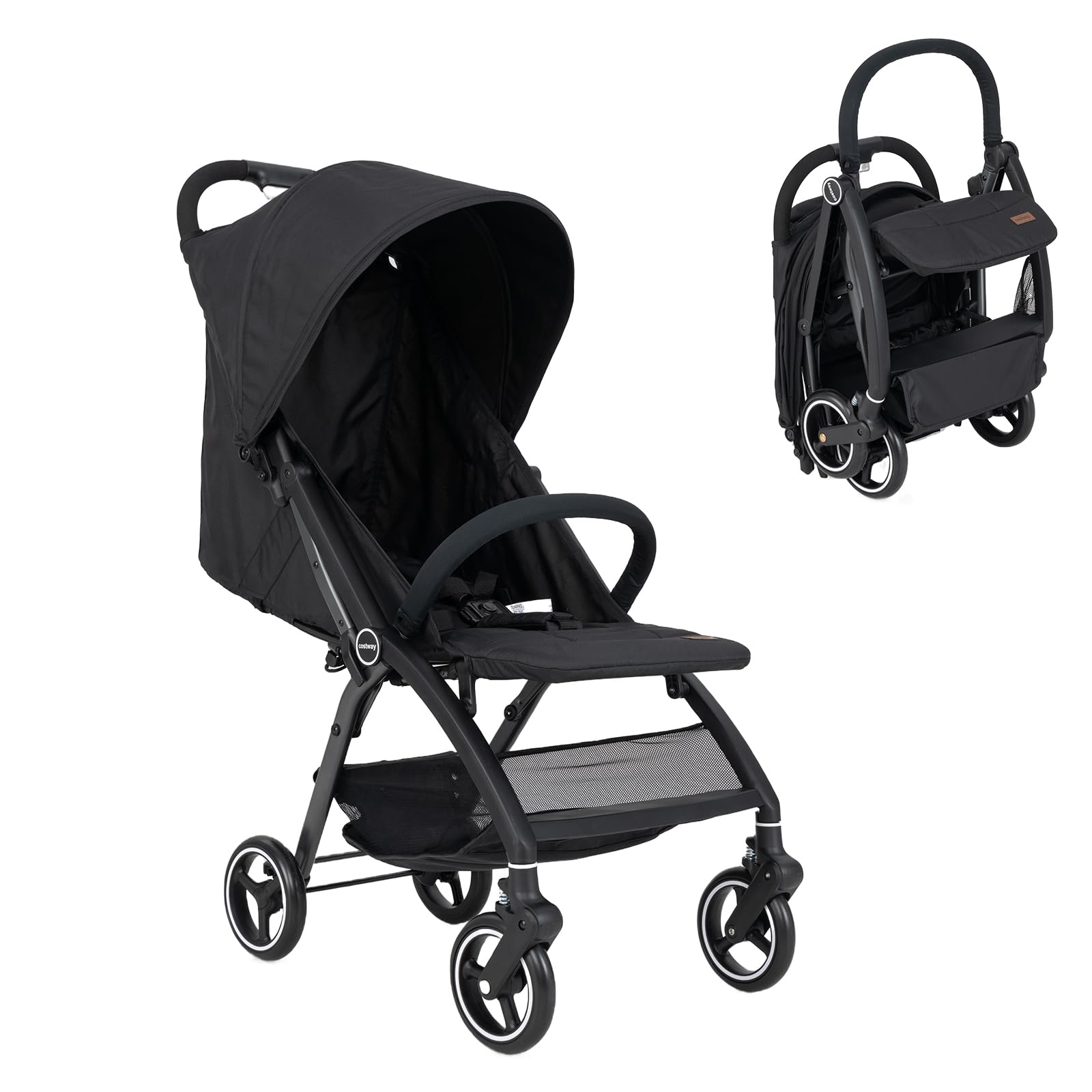 RELAX4LIFE Passeggino Portatile Pieghevole per Bambini, con Schienale Regolabile, Parapioggia e Poggiapiedi, una Mano con Cintura di Sicurezza per Bambini 0-36 Mesi (NERO)