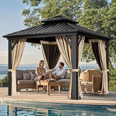 DWVO 10x10ft Hardtop Gazebo Double Roof with Nettings and Curtains, Heavy Duty Galvanized Steel Outdoor Vertical Stripes Roof for Patio, Backyard, Deck, Lawns, Brown