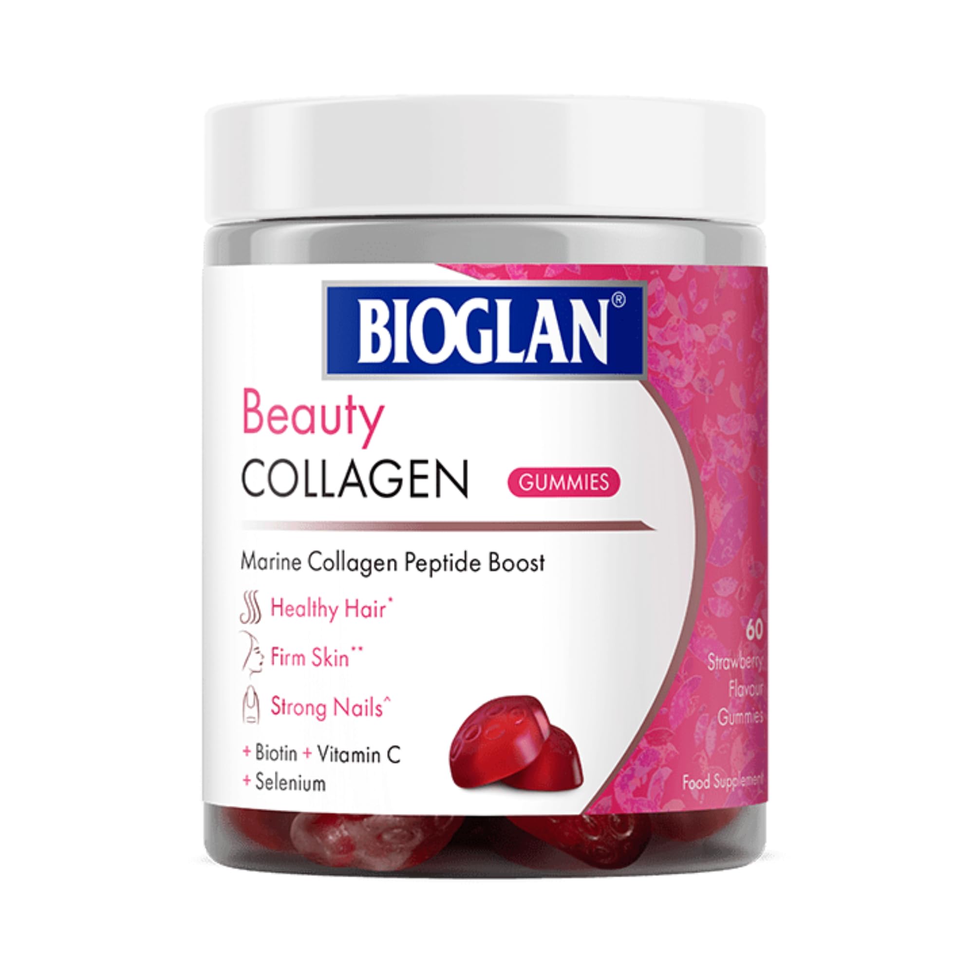 BioglanCollagen Gummies | 1000mg | Hydrolysed Marine Collagen | Biotin | Selenium & Vitamin C | Strawberry Flavoured | 60 Gummies
