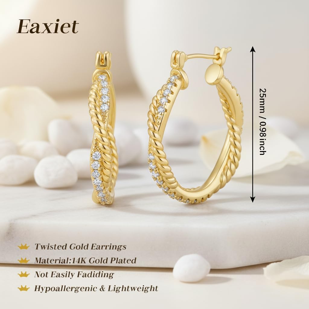 14K Gold Earring for Women Twisted Hoop Earrings Hypoallergenic Lightweight Trendy Gold Earring Jewelry Gift 25mm - Image 6
