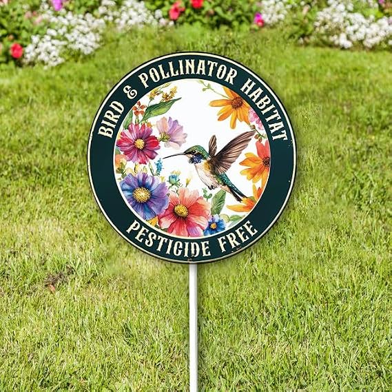 Bidesign (9.2X9.2) IN Round Bird And Pollinator Habitat Pestiside Free Yard Sign with Stake Hummingbird Lawn Signs Stand Rustproof Aluminum for Home Garden Yard Decorations Outdoor