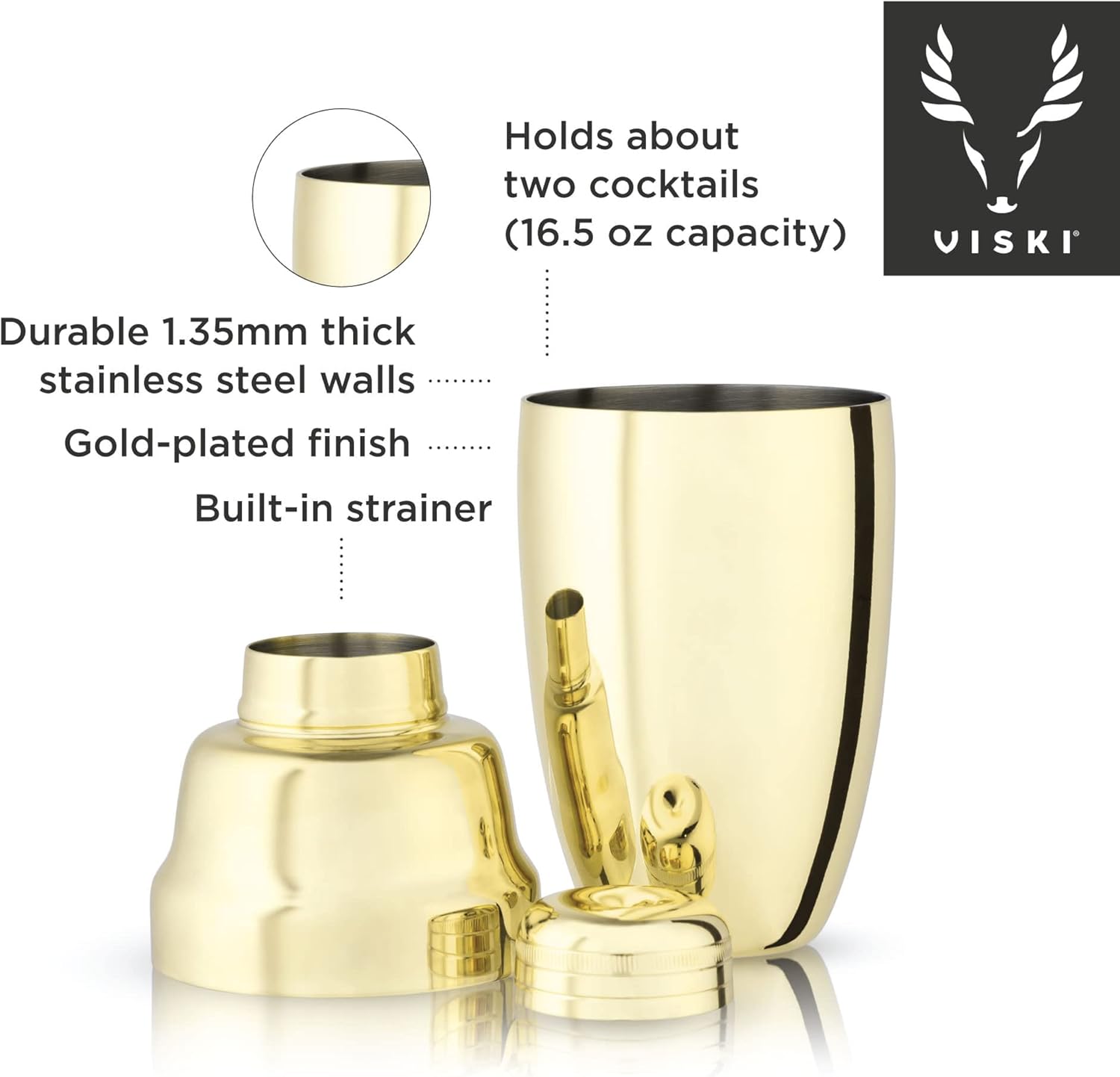 Viski Gold Heavyweight Cocktail Shaker, Stainless Steel Drink Mixer, with Bar Strainer, Professional Shaker for Martini and Margarita, Gold Polished Finish, 16.5 oz