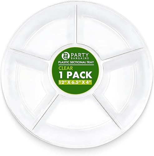 PARTY BARGAINS Bandeja redonda de plástico de 6 seccionales, tamaño 12 pulgadas de diámetro, color transparente, paquete de 1 PARTY BARGAINS Bandeja redonda de plástico de 6 seccionales, tamaño 12 pulgadas de diámetro, color transparente, paquete de 1