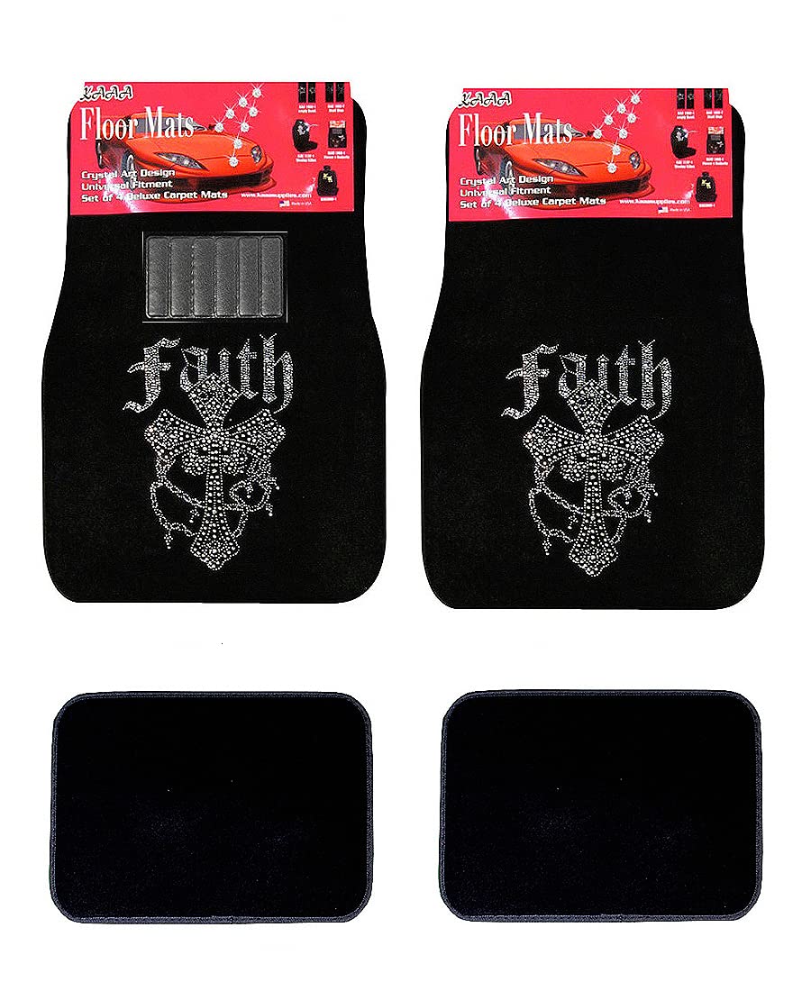Universal Fit Front/Rear 4-Piece Full Set Crystal Bling Rhinestone Studded Carpet Car SUV Truck Floor Mats (Faith/Black)