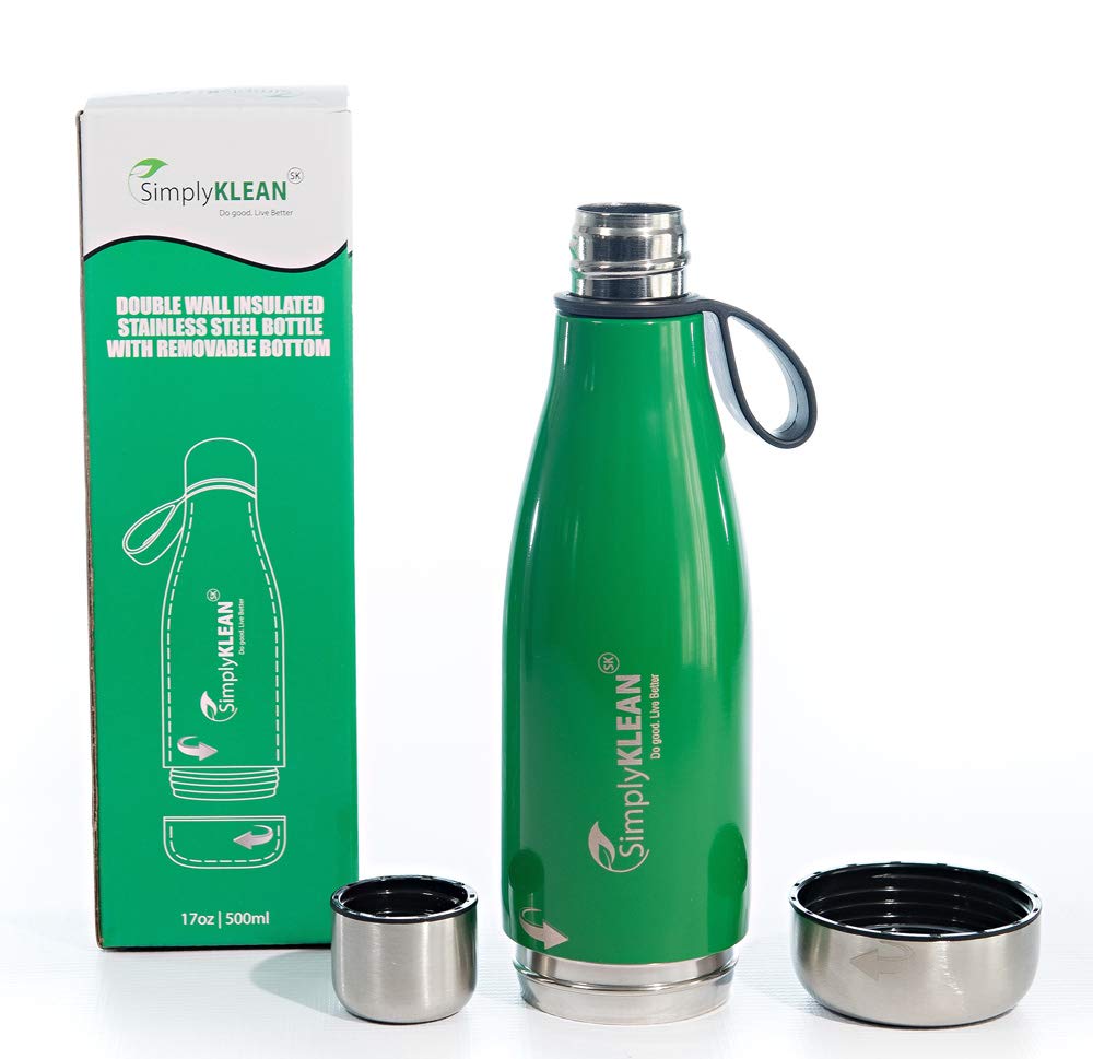 Easy to Clean and Load Ice Water Bottle, Stainless Steel; Opens Top and Bottom; Compatible with Hot and Cold Beverages; 17 oz; Blue and Green Color Options
