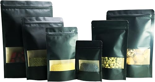 50 bolsas de papel kraft negro de 7 x 10 pulgadas, Ziplock, bolsas de almacenamiento de alimentos sellables negras con ventana mate, reutilizables,