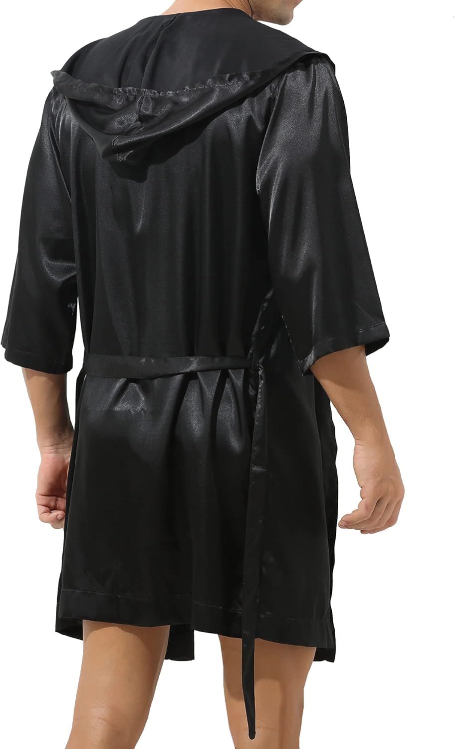 YUFEIDA Mens Satin Robe Silky Bathrobe with Shorts Lightweight Sleepwear Luxurious Pyjama Set Hooded Nightgown with Shorts - Image 4