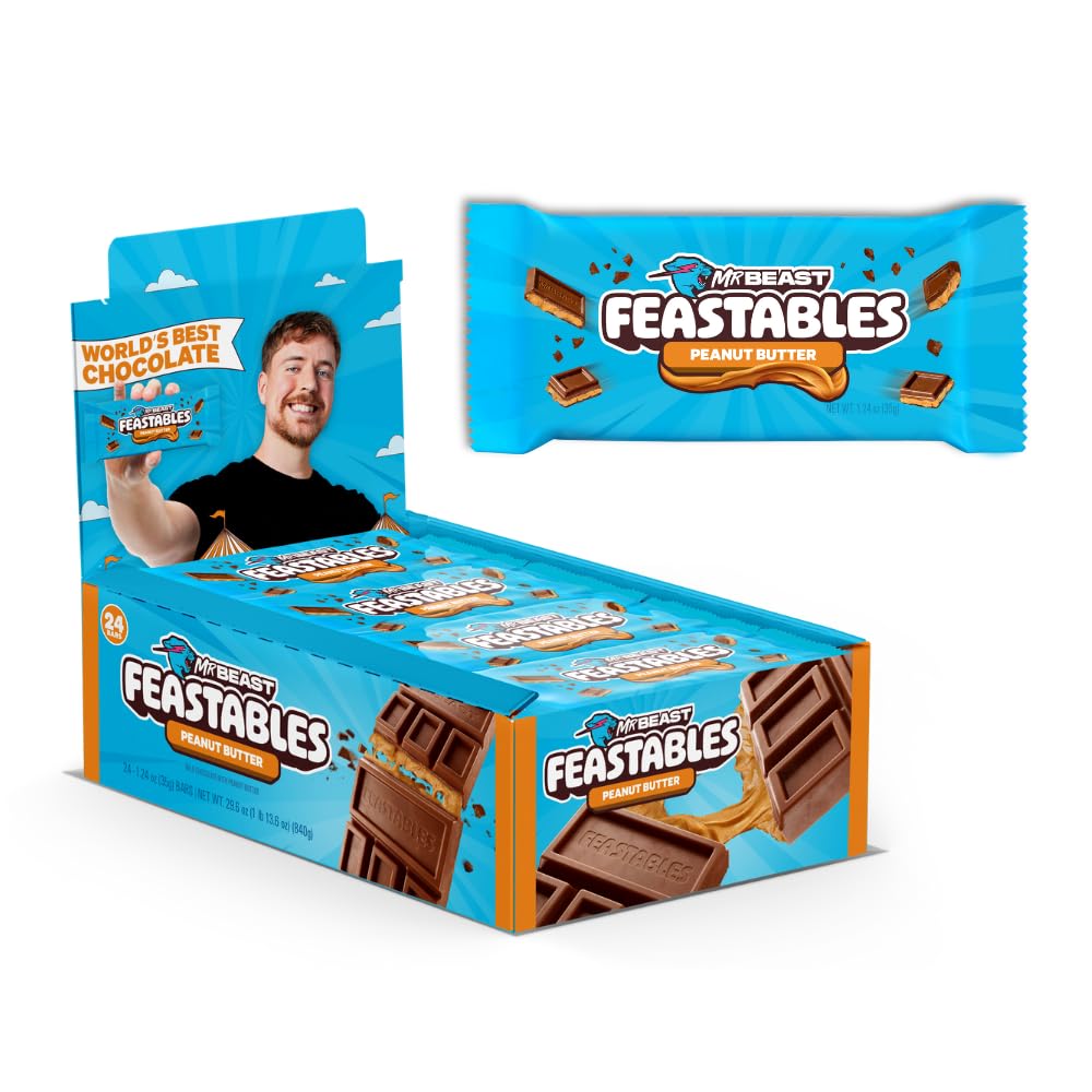 FeastablesMrBeast Peanut Butter Milk Chocolate Chocolate Bar, Full Size Bar for Adults & Kids, Candy Bars for Halloween Candy, Snacks, Gifts, & Dessert, Fairtrade Cocoa, 1.24 Oz Each, 24 Count